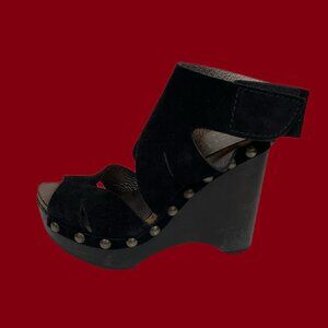 Pedro Garcia Womens Black Suede Wedge Sandals Size 36.5 EU / 6 US With Studded D